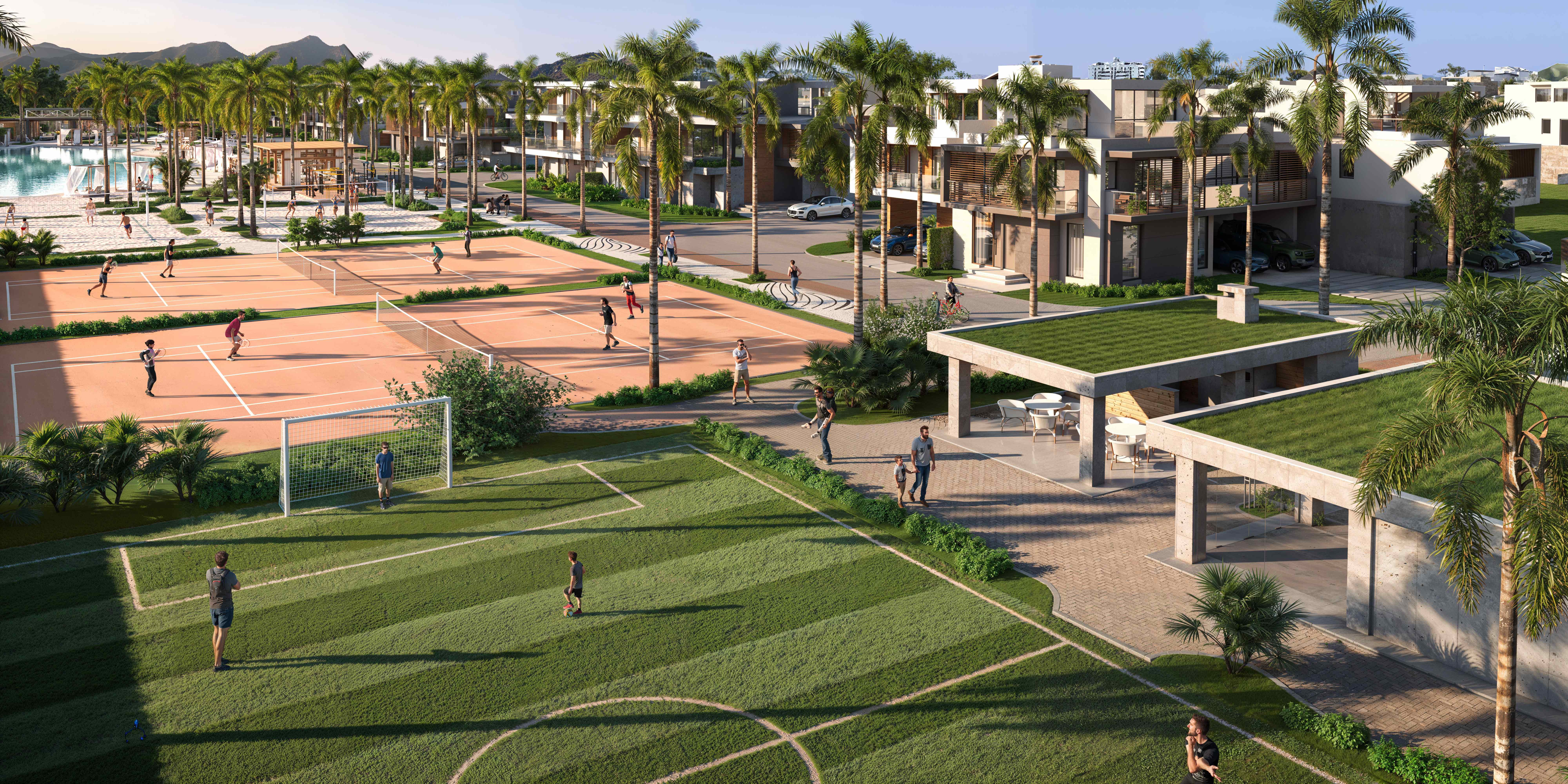 Quadras poliesportivas, campo de futebol e infraestrutura de lazer