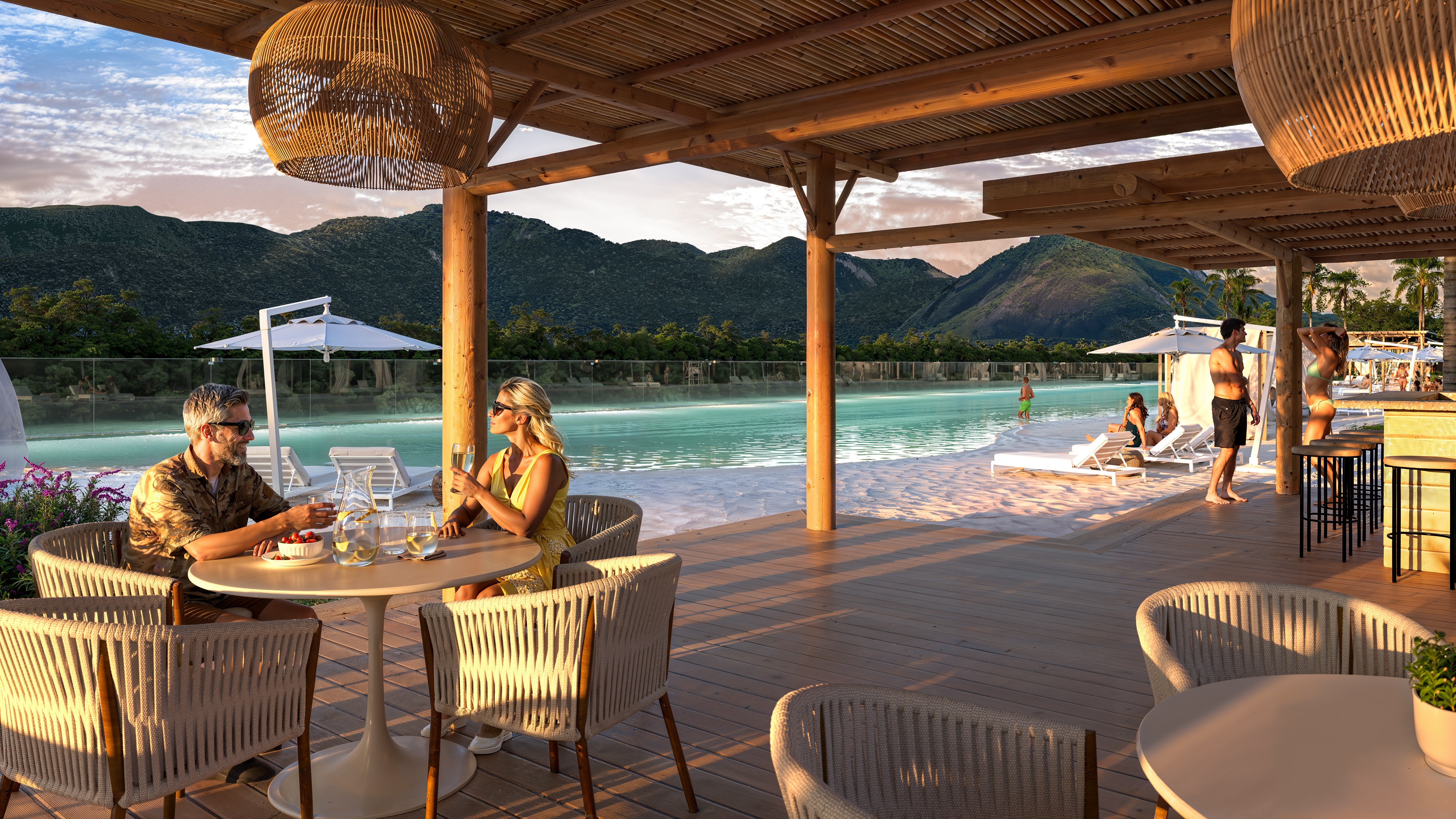 Quiosque gourmet à beira da lagoa com vista para as montanhas