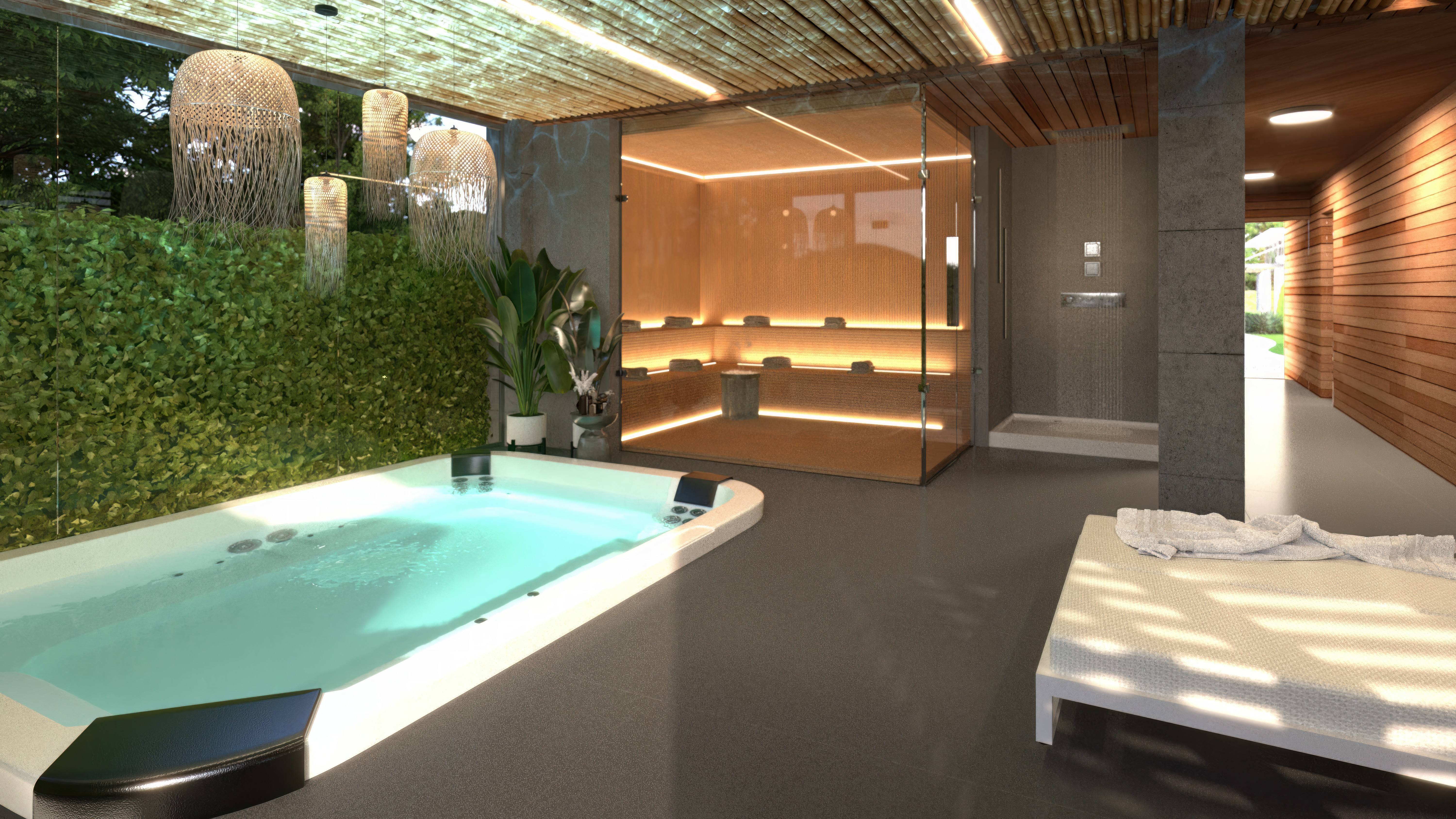 Spa completo com hidromassagem, sauna e área de relaxamento