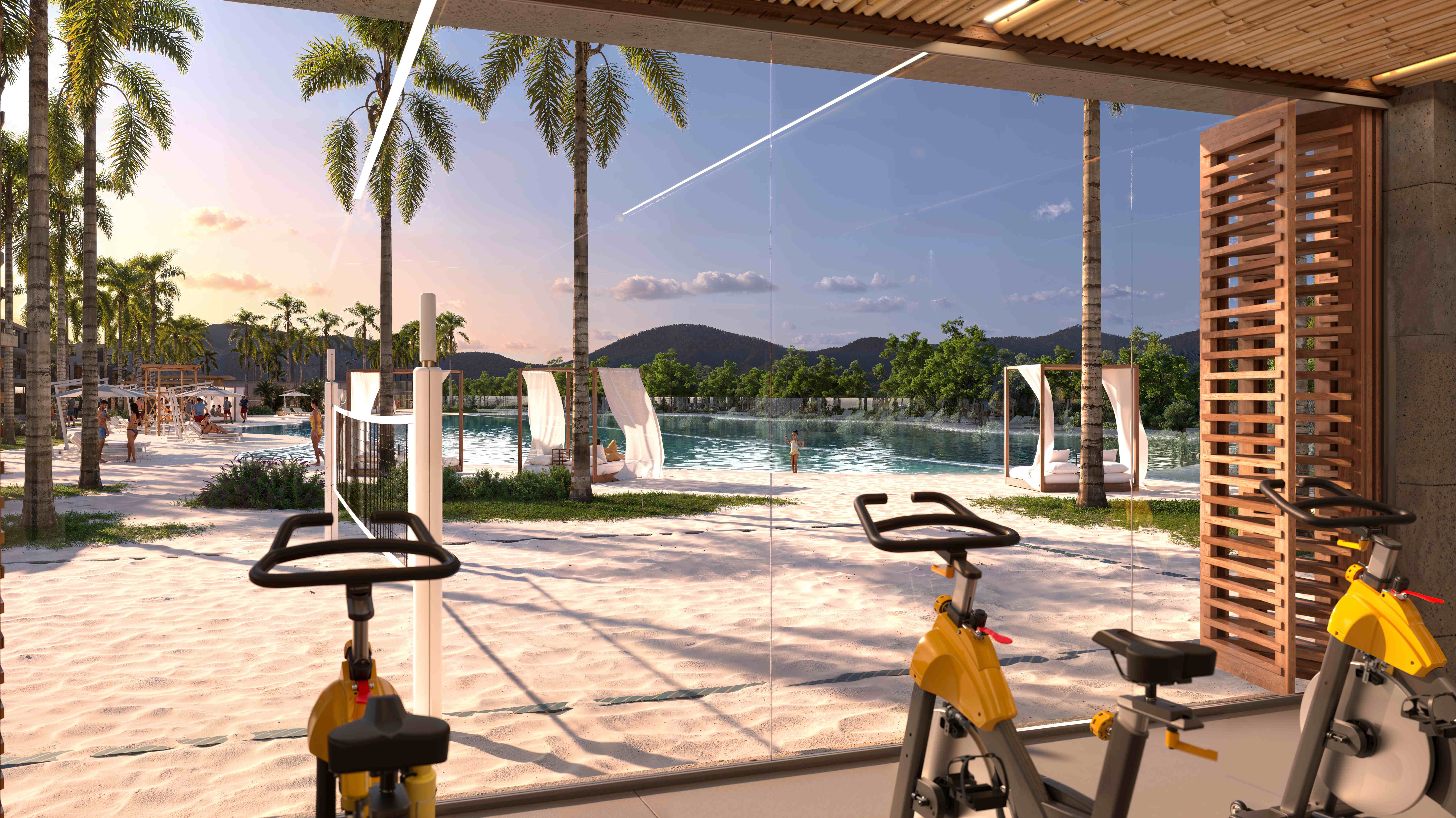 Academia de spinning com vista panorâmica para a praia